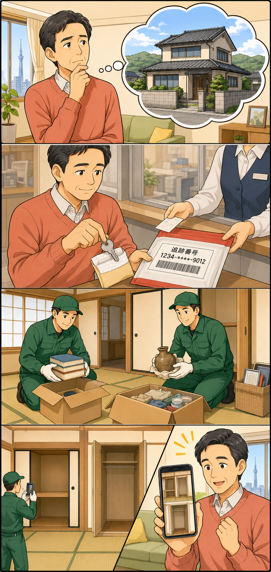 県外から岡山の実家じまいを相談し、鍵を緩衝材で保護して追跡番号付きの封筒で発送し、現地作業後に空になった部屋や押し入れ、クローゼット内の写真報告を受ける4コマ漫画